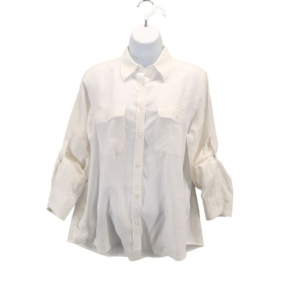 Lauren Ralph Lauren Shirt Womens Medium Ivory Linen Button Down Roll Tab - Picture 1 of 6